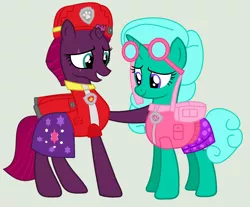 Size: 1996x1656 | Tagged: safe, artist:fantasia-bases, artist:jadethepegasus, derpibooru import, fizzlepop berrytwist, glitter drops, tempest shadow, pony, unicorn, series:sprglitemplight diary, series:sprglitemplight life jacket days, series:springshadowdrops diary, series:springshadowdrops life jacket days, alternate universe, base used, broken horn, clothes, duo, female, glittershadow, gray background, horn, i can't believe it's not 徐詩珮, image, lesbian, marshall (paw patrol), paw patrol, png, shipping, simple background, skye (paw patrol)