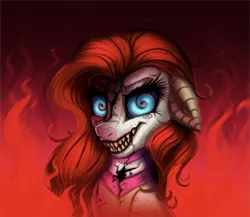 Size: 2485x2160 | Tagged: semi-grimdark, artist:confetticakez, derpibooru import, oc, oc:candymare, pony, body horror, bust, candy, candy corn, commission, creepy, creepypasta, evil grin, fanfic art, fire, food, grin, image, png, portrait, scary, smiling, solo, something sweet to bite, swirly eyes