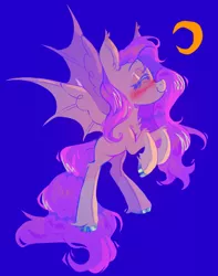 Size: 1166x1477 | Tagged: safe, artist:occultusion, derpibooru import, fluttershy, bat pony, pony, bat ponified, bat wings, blue background, blushing, chest fluff, cloven hooves, colored hooves, crescent moon, eyes closed, fangs, female, flutterbat, image, mare, missing cutie mark, moon, png, profile, race swap, simple background, smiling, solo, spread wings, unshorn fetlocks, wing hooks, wings