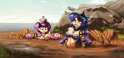 Size: 3400x1600 | Tagged: safe, artist:king-kakapo, derpibooru import, princess cadance, princess luna, human, mermaid, breasts, busty princess cadance, busty princess luna, crown, dripping, humanized, image, jewelry, mermaidized, mermaid tail, mud, muddy, necklace, ocean, png, quicksand, regalia, seashell bra, seaweed, shell, species swap, stuck, sweat, wet and messy