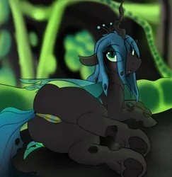 Size: 1942x1997 | Tagged: suggestive, alternate version, artist:pew-screw, derpibooru import, queen chrysalis, changeling, changeling queen, pony, blushing, cameltoe, changeling hive, clothes, eye clipping through hair, eyebrows visible through hair, female, frog (hoof), horn, image, looking at you, lying down, mare, panties, png, presenting, smiling, solo, solo female, underhoof, underwear, wings