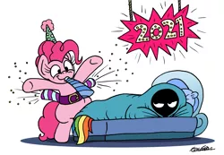 Size: 2415x1671 | Tagged: safe, artist:bobthedalek, derpibooru import, pinkie pie, rainbow dash, earth pony, pegasus, pony, 2021, bed, confetti, grumpy dash, hat, image, new year, not in the mood, party hat, party horn, png, rainbow dash is not amused, sign, unamused