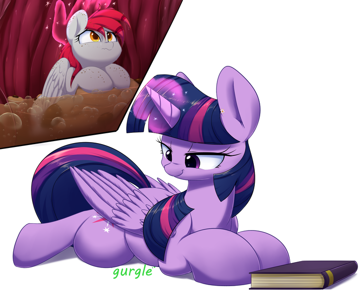 Size: 3690x3000 | Tagged: questionable, artist:acersiii, derpibooru import, twilight sparkle, twilight sparkle (alicorn), oc, oc:tiny jasmini, alicorn, pegasus, pony, abdominal bulge, cookie, derpibooru exclusive, digestion, drool, drool string, female, females only, fetish, flower, flower in hair, food, image, internal, micro, mucous, mucus, patting, png, ponies in food, rugae, simple background, slimy, squishy, stomach acid, stomach noise, stomach walls, twipred, unwilling prey, vore, x-ray