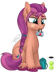 Size: 1088x1425 | Tagged: safe, artist:soctavia, derpibooru import, sunny starscout, earth pony, pony, annoyed, bandaid, female, g5, image, mare, png, satchel, simple background, sitting, solo, tennis ball, transparent background