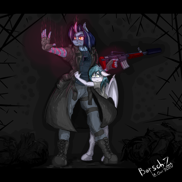 Size: 2000x2000 | Tagged: semi-grimdark, artist:borsch-zebrovich, derpibooru import, oc, oc:gleaming moon(shine), unofficial characters only, anthro, bat pony, unguligrade anthro, bat pony oc, bat wings, body armor, boots, breasts, car 15, carbine, child, clothes, dark magic, digital art, evil eyes, gun, image, magic, night unicorn, png, shoes, weapon, wings