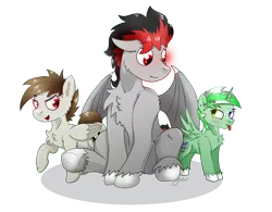 Size: 2475x1933 | Tagged: safe, artist:jesterpi, derpibooru import, oc, oc:broken flare, oc:cough drop, oc:jester pi, dracony, dragon, hybrid, pegasus, pony, derpibooru community collaboration, 2021 community collab, big pony, group, group shot, happy, horn, image, piercing, png, simple background, sitting, size difference, small pony, smiling, standing, tongue out, transparent background, wings