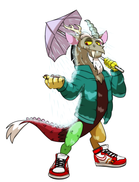 Size: 3881x5065 | Tagged: safe, artist:chub-wub, derpibooru import, discord, draconequus, beard, clothes, commission, dripcord, facial hair, image, jacket, male, nike, nike (brand), png, rain, shoes, simple background, sneakers, solo, transparent background, umbrella, wet