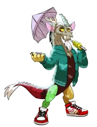 Size: 3881x5065 | Tagged: safe, artist:chub-wub, derpibooru import, discord, draconequus, beard, clothes, commission, dripcord, facial hair, image, jacket, male, nike, nike (brand), png, rain, shoes, simple background, sneakers, solo, transparent background, umbrella, wet