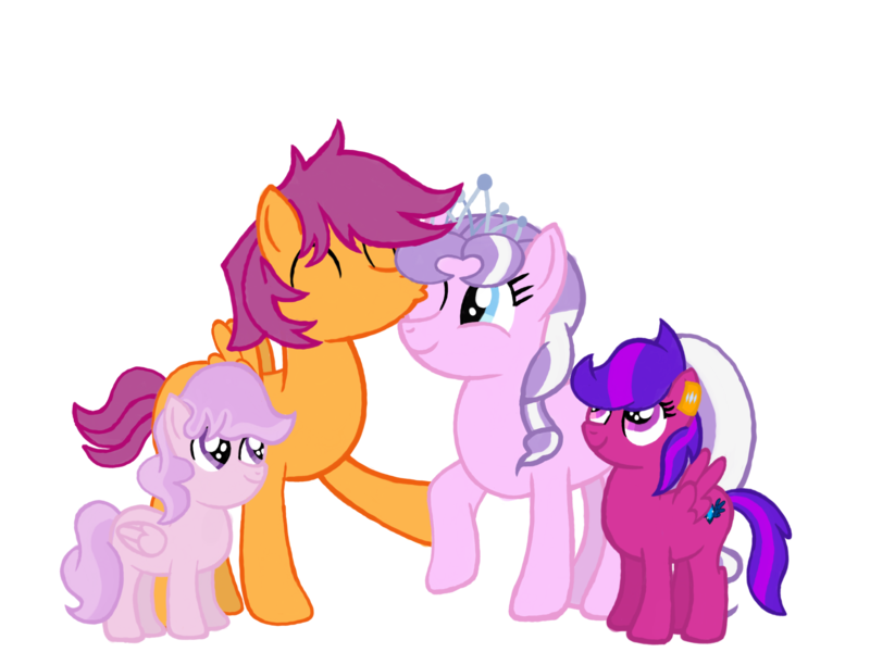 Size: 2732x2048 | Tagged: safe, artist:turnaboutart, derpibooru import, diamond tiara, scootaloo, oc, oc:pearl showers, oc:steadfast sapphire, earth pony, pegasus, pony, colt, eyes closed, father and child, father and daughter, father and son, female, filly, half r63 shipping, husband and wife, image, kiss on the cheek, kissing, lesbian, male, mare, mother and child, mother and daughter, mother and son, offspring, one eye closed, parent:diamond tiara, parent:scootaloo, parents:skatiara, png, rule 63, scooteroll, scootertiara, scootiara, shipping, simple background, stallion, straight, transparent background