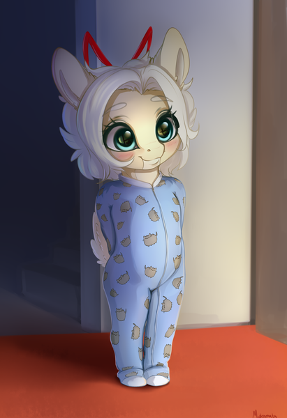 Size: 2106x3078 | Tagged: safe, artist:miokomata, derpibooru import, oc, oc:clay, earth pony, pony, semi-anthro, arm behind back, blushing, clothes, cute, female, filly, footed sleeper, footie pajamas, image, ocbetes, onesie, pajamas, png, solo