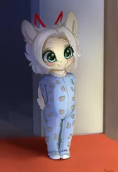 Size: 2106x3078 | Tagged: safe, artist:miokomata, derpibooru import, oc, oc:clay, earth pony, pony, semi-anthro, arm behind back, blushing, clothes, cute, female, filly, footed sleeper, footie pajamas, image, ocbetes, onesie, pajamas, png, solo