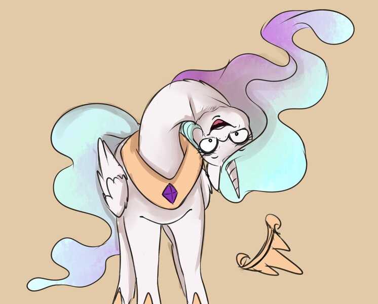 Size: 3932x3161 | Tagged: safe, artist:miokomata, derpibooru import, princess celestia, alicorn, pony, crown, cursed image, female, image, insanity, jewelry, jpeg, long neck, looking at you, majestic as fuck, mare, necc, princess necklestia, regalia, simple background, snaplestia, solo, thanks i hate it, upside down, wat, yellow background