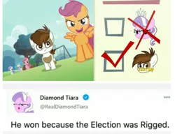 Size: 1265x971 | Tagged: safe, derpibooru import, edit, edited screencap, screencap, diamond tiara, pipsqueak, scootaloo, earth pony, crusaders of the lost mark, donald trump, election, image, jpeg, male, meta, politics, twitter