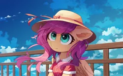 Size: 3450x2150 | Tagged: safe, artist:emeraldgalaxy, derpibooru import, fluttershy, pegasus, pony, clothes, cute, eye clipping through hair, hat, image, jpeg, shirt, shyabetes, solo, summer, sunny day, wind, windswept mane