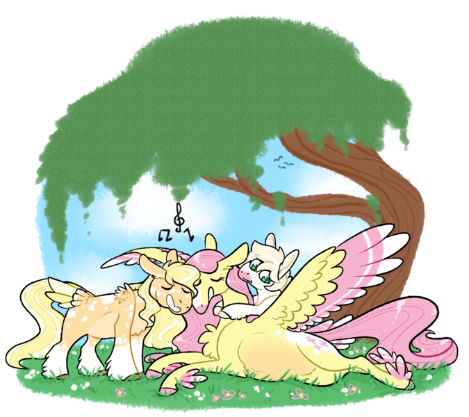 Size: 1687x1500 | Tagged: safe, artist:fastserve, derpibooru import, fluttershy, oc, oc:aurora gala, oc:honeycrisp, earth pony, pegasus, pony, colored wings, colt, eyes closed, feathered fetlocks, female, filly, fluttermom, image, magical lesbian spawn, male, mare, mother and child, multicolored wings, music notes, not applejack, nuzzling, offspring, parent:applejack, parent:fluttershy, parents:appleshy, png, preggoshy, pregnant, simple background, singing, spread wings, tail feathers, transparent background, wings