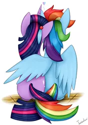 Size: 2480x3507 | Tagged: safe, artist:twidasher, derpibooru import, rainbow dash, twilight sparkle, pegasus, pony, unicorn, feather, female, heart, hug, image, intertwined tails, lesbian, png, shipping, simple background, tail, twidash, unicorn twilight, white background, winghug