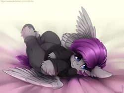 Size: 4000x3000 | Tagged: safe, artist:mithriss, derpibooru import, oc, unofficial characters only, pegasus, pony, bed, clothes, commission, cute, female, image, looking at you, lying down, mare, on back, on bed, pants, png, solo, spread wings, sweater, unshorn fetlocks, wings