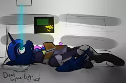 Size: 1037x684 | Tagged: safe, artist:lazyfanartist, derpibooru import, princess luna, armor, crossover, dead space, dead space 2, image, jpeg, laser, needle, noontech diagnostic machine