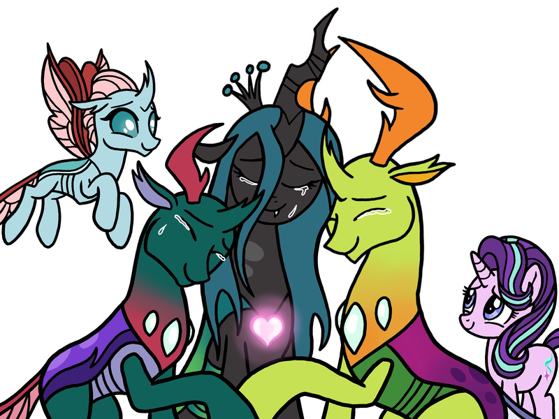 Size: 2048x1536 | Tagged: safe, artist:melspyrose, derpibooru import, ocellus, pharynx, queen chrysalis, starlight glimmer, thorax, changedling, changeling, changeling queen, pony, unicorn, a better ending for chrysalis, changedling brothers, character development, crying, cute, cutealis, diaocelles, eyes closed, female, image, king thorax, pharybetes, png, prince pharynx, simple background, tears of joy, teary eyes, thorabetes, white background