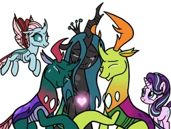 Size: 2048x1536 | Tagged: safe, artist:melspyrose, derpibooru import, ocellus, pharynx, queen chrysalis, starlight glimmer, thorax, changedling, changeling, changeling queen, pony, unicorn, a better ending for chrysalis, changedling brothers, character development, crying, cute, cutealis, diaocelles, eyes closed, female, image, king thorax, pharybetes, png, prince pharynx, simple background, tears of joy, teary eyes, thorabetes, white background