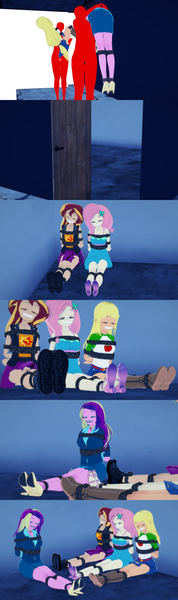 Size: 1280x4320 | Tagged: suggestive, artist:csxz, derpibooru import, applejack, fluttershy, princess cadance, sunset shimmer, equestria girls, arm behind back, bondage, boots, bound and gagged, breast bondage, breasts, carrying, clothes, comic, dean cadance, eyes closed, gag, image, jpeg, koikatsu, lair, nail polish, sandals, shoes, tape, tape gag, tied up, unconscious