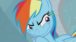 Size: 500x281 | Tagged: safe, derpibooru import, screencap, rainbow dash, pegasus, pony, tanks for the memories, evil, evil grin, faic, female, gif, grin, image, mare, pure unfiltered evil, rainbow dash is best facemaker, rainbow grinch, smiling, solo, the grinch, then she got an idea