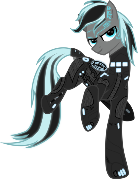 Size: 1105x1431 | Tagged: safe, artist:lincolnbrewsterfan, artist:ma3a, derpibooru import, oc, oc:tron, unofficial characters only, earth pony, pony, derpibooru community collaboration, .svg available, 2021 community collab, armor, base used, circuitry, cloud, collaboration, cyberpunk, derpibooru exclusive, determined smile, digital, dock, glow, glowing hair, identity disk, image, light cycle baton, lights, looking at you, male, neon, png, retrofuturism, simple background, smiling, smiling at you, solo, stallion, transparent background, tron, tron legacy, vector