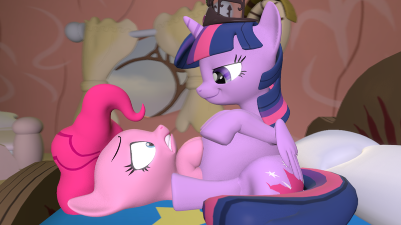 Size: 1280x720 | Tagged: questionable, artist:mrm, derpibooru import, pinkie pie, twilight sparkle, twilight sparkle (alicorn), alicorn, earth pony, pony, 3d, bed, belly, big belly, butt, female, fetish, golden oaks library, huge butt, image, large butt, library, png, sitting, sitting on, sitting on pony, source filmmaker, twidom, twipred, unwilling, vore