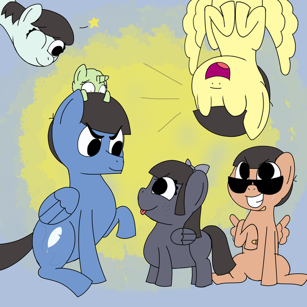 Size: 2500x2500 | Tagged: safe, artist:colorcodetheartist, derpibooru import, ponified, pegasus, pony, unicorn, abstract background, blind, colored sketch, crossover, derpibooru exclusive, family, group photo, image, jyushimatsu, karamatsu, magical gay spawn, offspring, osomatsu-san, png, ponified oc, product of incest, scar, sunglasses, upside down