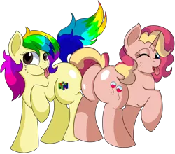 Size: 5900x5200 | Tagged: safe, artist:rainbowtashie, author:bigonionbean, derpibooru import, pinkie pie, rainbow dash, sunset shimmer, oc, oc:rainbow tashie, oc:sunbutter cookies, earth pony, pony, unicorn, :p, butt, commissioner:bigonionbean, cute, cutie mark, extra thicc, female, flank, fusion, fusion:sunbutter cookies, image, mare, plot, png, simple background, tongue out, transparent background