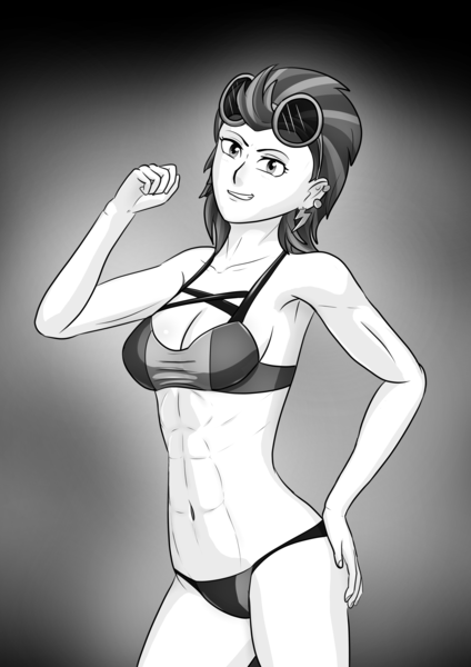 Size: 4961x7016 | Tagged: suggestive, alternate version, artist:symptom99, derpibooru import, indigo zap, human, equestria girls, breasts, clothes, female, grayscale, image, looking at you, monochrome, png, solo, sunglasses, swimsuit