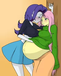 Size: 3200x4000 | Tagged: suggestive, alternate version, artist:marrazan, artist:thenypod4, color edit, derpibooru import, edit, fluttershy, rarity, equestria girls, belly, belly button, big belly, big breasts, blushing, breasts, busty fluttershy, busty rarity, clothes, colored, erect nipples, female, flarity, gradient background, huge belly, image, lesbian, looking at each other, nipple outline, outie belly button, png, pony coloring, preggoshy, pregnant, shipping, sweater, sweatershy