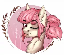 Size: 1716x1484 | Tagged: safe, artist:amens, derpibooru import, oc, oc:hopple scotch, unofficial characters only, earth pony, pony, :p, bust, circle background, ear fluff, female, food, image, jpeg, looking at you, mare, neck fluff, one eye closed, pigtails, portrait, simple background, smiling at you, solo, tongue out, wheat, wink, winking at you