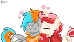 Size: 1944x1100 | Tagged: safe, artist:redpalette, derpibooru import, oc, oc:red palette, oc:shade flash, pegasus, unicorn, bandana, blushing, clothes, floating heart, freckles, heart, image, kiss on the cheek, kissing, png, scarf, simple background, smiling, white background