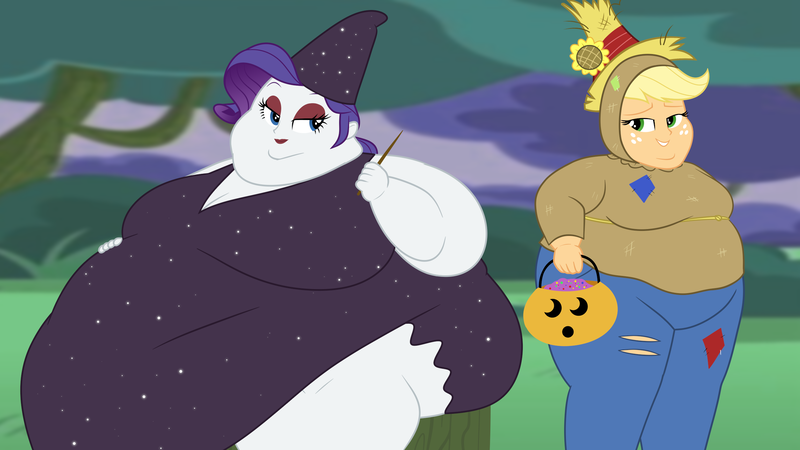 Size: 2560x1440 | Tagged: suggestive, artist:neongothic, derpibooru import, applejack, rarity, equestria girls, applefat, bbw, belly, big belly, breasts, busty applejack, busty rarity, chubby cheeks, clothes, costume, double chin, fat, fat ass, fat boobs, female, halloween, hat, holiday, image, morbidly obese, obese, png, pumpkin bucket, raritubby, scarecrow, ssbbw, weight gain, witch hat