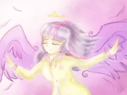 Size: 1024x768 | Tagged: safe, artist:catcor, derpibooru import, twilight sparkle, human, crown, eyes closed, female, gradient background, humanized, image, jewelry, outstretched arms, png, regalia, solo, winged humanization, wings