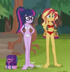 Size: 539x553 | Tagged: suggestive, derpibooru import, edit, edited screencap, editor:grapefruitface, screencap, sci-twi, sunset shimmer, twilight sparkle, equestria girls, legend of everfree, bag, bags, barefoot, belly button, bra, breasts, clothes, duo, feet, glasses, hand on hip, image, panties, png, red underwear, standing, underwear, underwear edit, white underwear