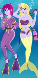 Size: 1904x3855 | Tagged: safe, artist:physicrodrigo, derpibooru import, fuchsia blush, lavender lace, trixie, angler fish, fish, mermaid, equestria girls, air tank, belly button, bikini, breasts, busty fuchsia blush, busty lavender lace, clothes, cropped, duo, duo female, female, gills, high res, image, mermaidized, png, rebreather, ripping clothes, scuba, species swap, swimsuit, transformation, underwater, wetsuit