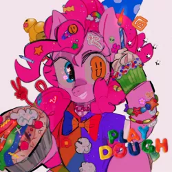 Size: 1300x1300 | Tagged: safe, artist:poneko-chan, derpibooru import, pinkie pie, earth pony, pony, clown, cupcake, female, food, image, jpeg, mare, pie, simple background, smiling, solo