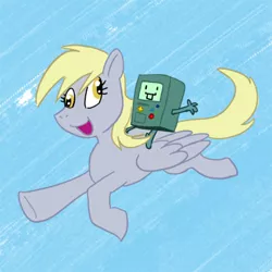 Size: 400x400 | Tagged: safe, artist:carelessdoodler, derpibooru import, derpy hooves, pegasus, pony, adventure time, bmo, crossover, cutie mark, digital art, duo, female, flying, image, jpeg, open mouth, simple background, sky, spread wings, tail, wings
