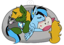 Size: 3942x2772 | Tagged: safe, artist:sevenserenity, derpibooru import, octavia melody, vinyl scratch, oc, oc:dravakiirm, oc:icylightning, unofficial characters only, pegasus, unicorn, acrylic charm, bean bag, colored, cuddling, cute, flat colors, image, pillow, plushie, png, simple background, transparent background