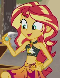 Size: 524x681 | Tagged: safe, derpibooru import, screencap, sunset shimmer, equestria girls, equestria girls series, x marks the spot, belly button, clothes, compass, cropped, cute, geode of empathy, image, magical geodes, png, sarong, shimmerbetes, sleeveless, swimsuit
