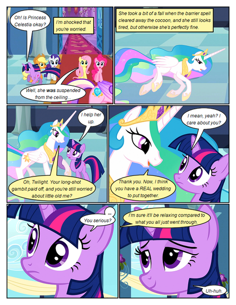 Size: 612x792 | Tagged: safe, artist:newbiespud, derpibooru import, edit, edited screencap, screencap, applejack, pinkie pie, princess cadance, princess celestia, twilight sparkle, alicorn, earth pony, pegasus, pony, unicorn, comic:friendship is dragons, a canterlot wedding, comic, dialogue, eyelashes, female, hoof shoes, horn, image, indoors, jewelry, lying down, mare, peytral, png, screencap comic, smiling, tiara, unicorn twilight, wings