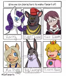 Size: 990x1138 | Tagged: safe, artist:galacticaries, derpibooru import, rarity, anthro, human, pig, pony, rabbit, unicorn, six fanarts, :d, animal, anthro with ponies, big chungus, bugs bunny, bust, clothes, crossover, crown, danganronpa, female, hair over one eye, hat, image, jewelry, jpeg, mare, miss piggy, necklace, pearl necklace, princess peach, regalia, smiling, super mario bros., toko fukawa