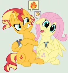 Size: 2008x2160 | Tagged: safe, artist:jadethepegasus, artist:syriskater, derpibooru import, fluttershy, sunset shimmer, pegasus, pony, unicorn, equestria girls, equestria girls series, game stream, spoiler:eqg series (season 2), :), :p, angry, base used, controller, cute, duo, female, fiery shimmer, fire, gamer sunset, gamershy, gaming, gray background, gritted teeth, head tilt, hoof hold, image, madorable, mare, png, rageset shimmer, raised hoof, raised leg, shimmerbetes, shyabetes, silly face, simple background, sunset shimmer frustrated at game, sunset shimmer is not amused, tongue out, unamused