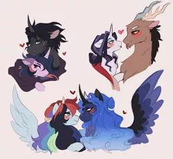 Size: 1280x1178 | Tagged: safe, artist:void-sommar, derpibooru import, discord, king sombra, princess luna, rainbow dash, rarity, twilight sparkle, draconequus, pony, alternate design, alternate hairstyle, bust, female, heart, hug, image, lesbian, looking at each other, lunadash, male, mare, png, raricord, shipping, simple background, spread wings, stallion, straight, tongue out, twibra, white background, wings