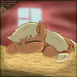 Size: 3000x3000 | Tagged: safe, artist:phlerius, derpibooru import, applejack, earth pony, pony, cute, digital art, hay, image, jackabetes, png, sleeping, solo