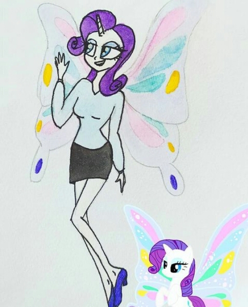 Size: 538x667 | Tagged: safe, artist:lunaart, derpibooru import, rarity, human, unicorn, butterfly wings, horn, horned humanization, humanized, image, jpeg, scene interpretation, traditional art, winged humanization, wings