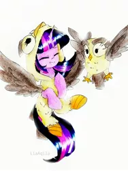 Size: 1665x2220 | Tagged: safe, artist:liaaqila, derpibooru import, owlowiscious, twilight sparkle, twilight sparkle (alicorn), alicorn, bird, owl, pony, animal costume, clothes, costume, cute, eyes closed, female, flying, image, jpeg, kigurumi, male, mare, marker drawing, pet, simple background, smiling, traditional art, twiabetes, white background