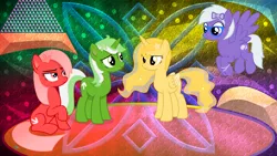 Size: 3840x2160 | Tagged: safe, artist:arifproject, artist:laszlvfx, derpibooru import, edit, oc, oc:comment, oc:downvote, oc:favourite, oc:upvote, ponified, unofficial characters only, alicorn, earth pony, pegasus, pony, derpibooru, :d, abstract background, derpibooru ponified, female, group, high res, image, mare, meta, png, wallpaper, wallpaper edit